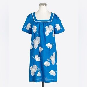 J Crew Blue Floral Embroidered Linen Square Neck Tunic Shift Dress